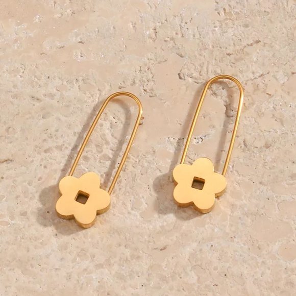 Gold Flower Safety Pin Hoop Earrings 18K Gold Plated - Picture 6 of 10